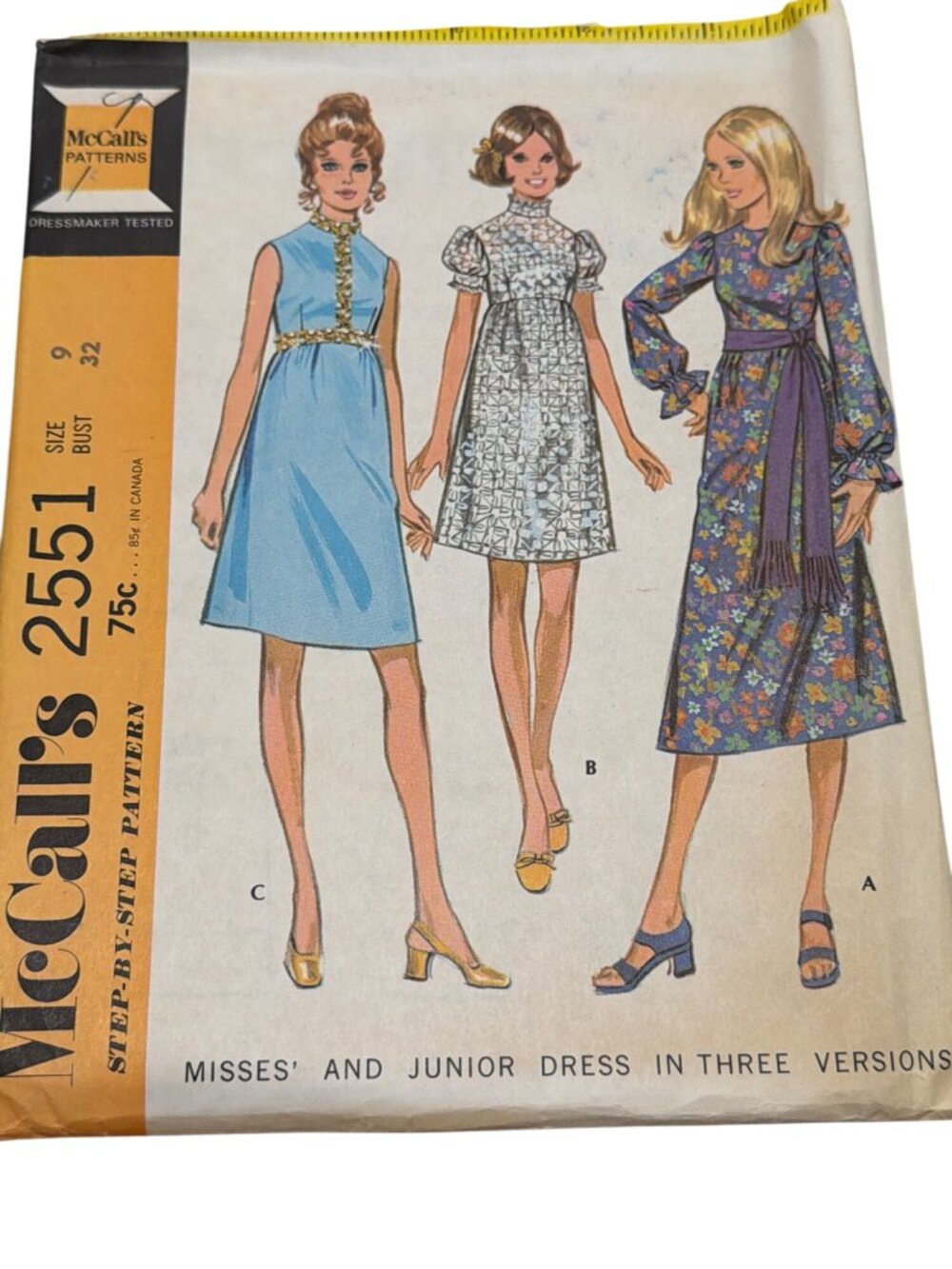 McCalls 2551 Misses & Junior Dress Pattern Size 9 Bust 32 Vintage 1970 Three Ver